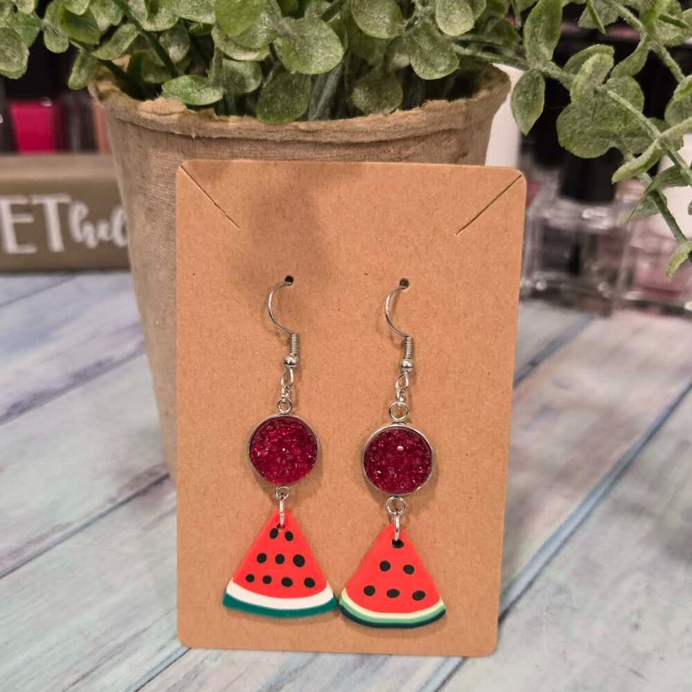 Handmade Watermelon Dangle Earrings | Sparkly Druzy Fruit Earrings